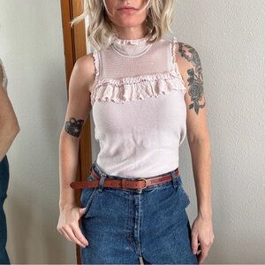 White House Black Market Sleeveless Top Womens S Pink Ruffles High Neck Cottage